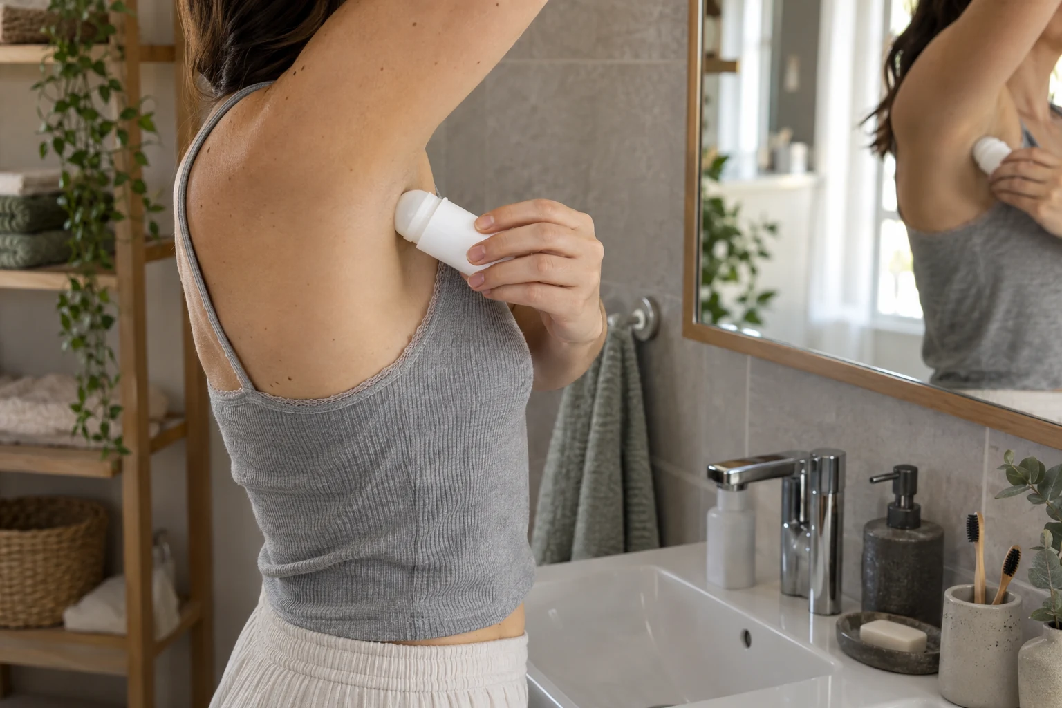 Egy nő jelöletlen golyós izzadásgátlót használ egy természetes fényű fürdőszobában.