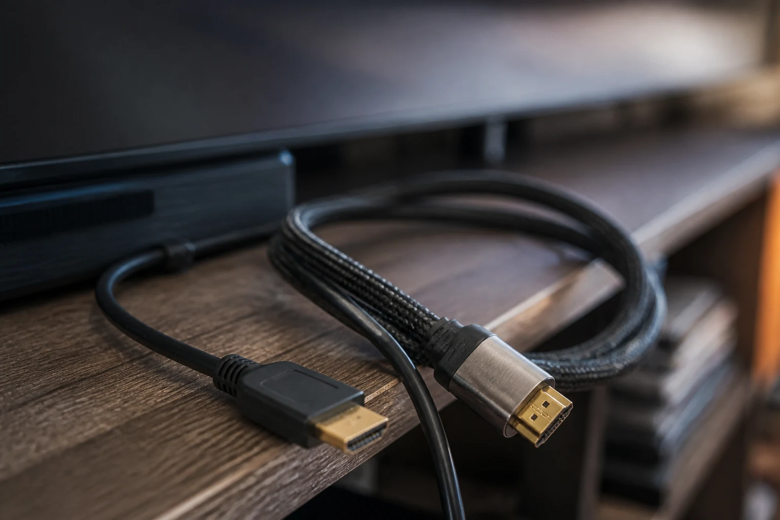 Két HDMI-kábel közelről egymás mellett: az egyik vékony, egyszerű fekete műanyag csatlakozóval, a másik vastagabb, fonott szövetburkolattal és fémházas dugóval, háttérben elmosódva egy tévé vagy polc látszik.