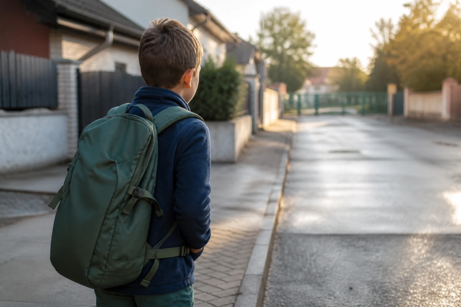 Iskoláskorú gyerek hátulról fotózva, párnázott vállpántos iskolatáskával a hátán, ahogy kora reggeli fényben az utcán sétál iskolába.
