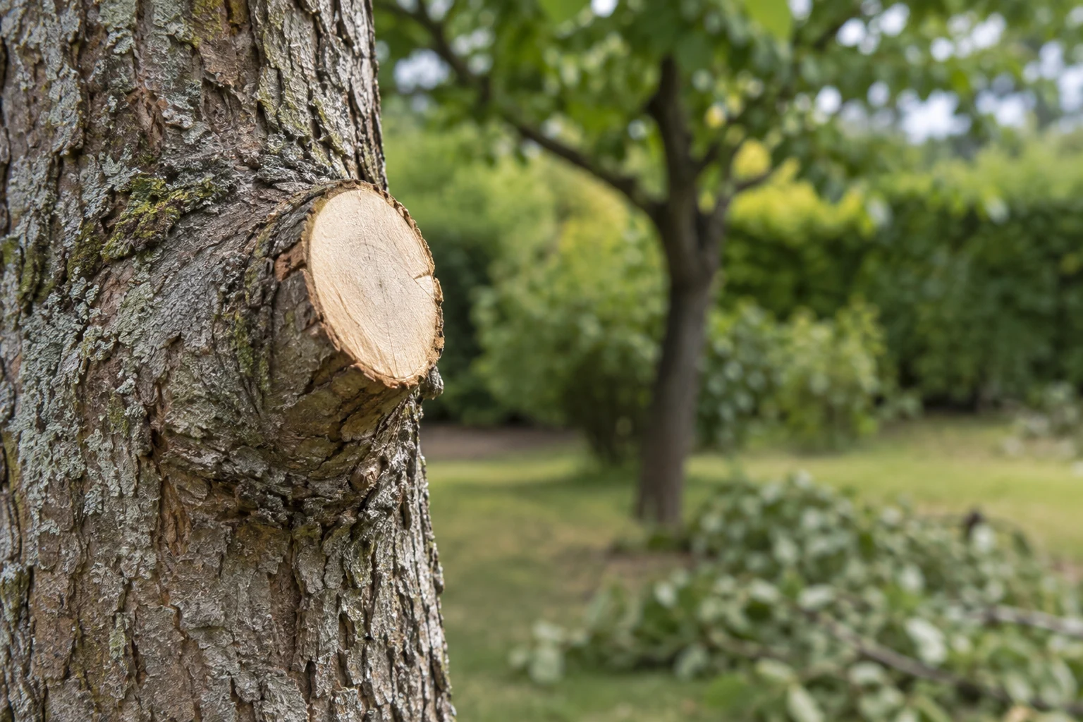 Frissen lemetszett faág kezeletlen, sima metszési felülettel egy kerti fán.