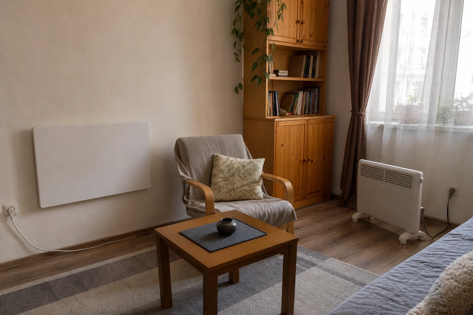 Falra szerelt fehér infrapanel és hordozható elektromos konvektor egy világos lakószobában.
