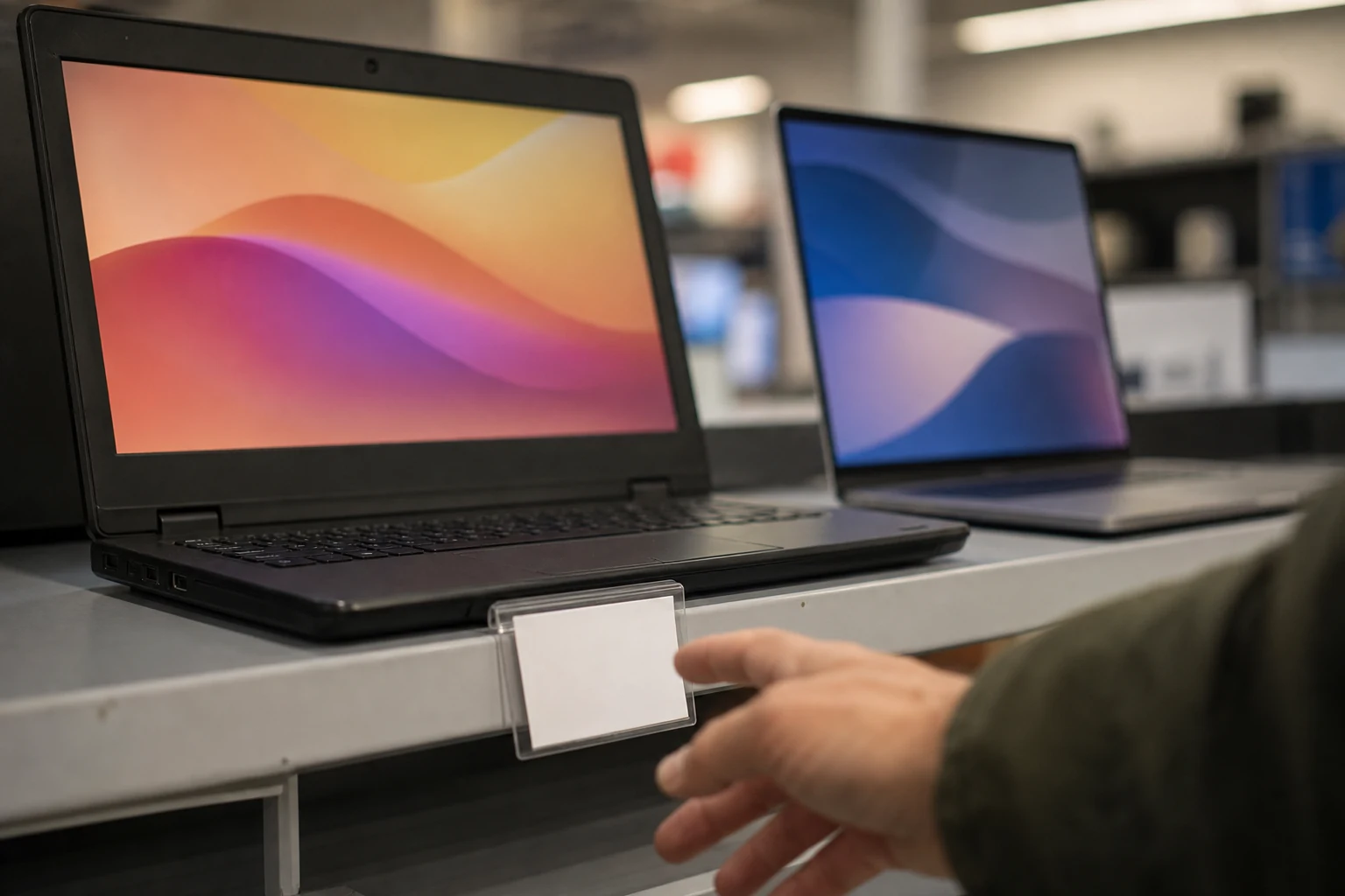 Két nyitott, bekapcsolt laptop egy üzlet polcán egymás mellett, előtérben elmosódott kéz nyúl az egyik gép alatti kis árcédula felé.