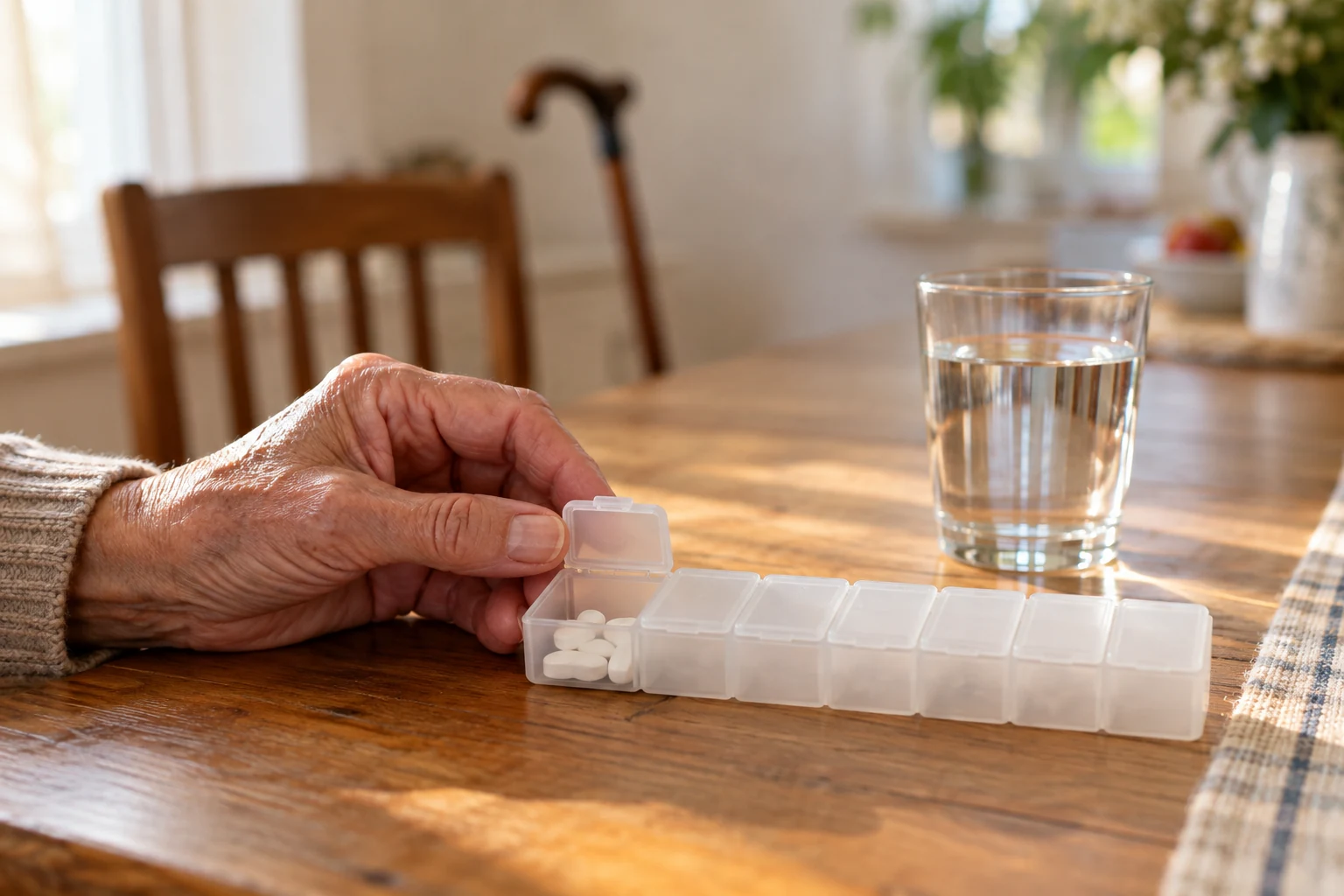 Idősebb ember keze jelöletlen adagolóval és fehér tablettákkal egy pohár víz mellett.