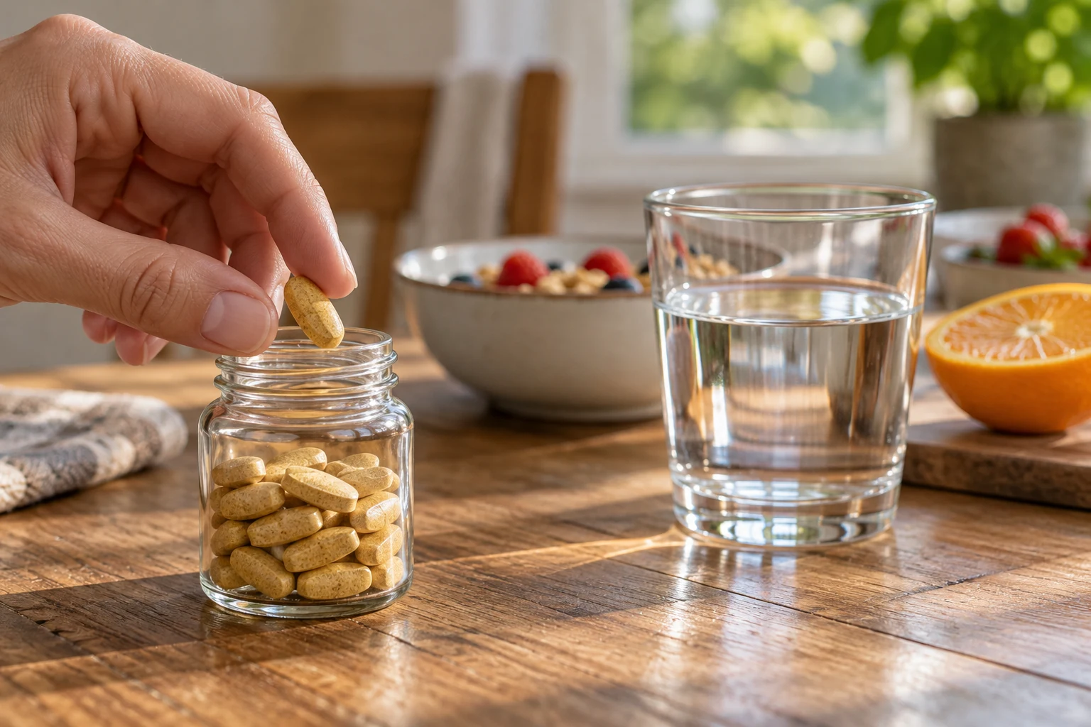 Egy kéz jelöletlen üvegből multivitamin-tablettát vesz ki egy pohár víz és reggeli mellett.